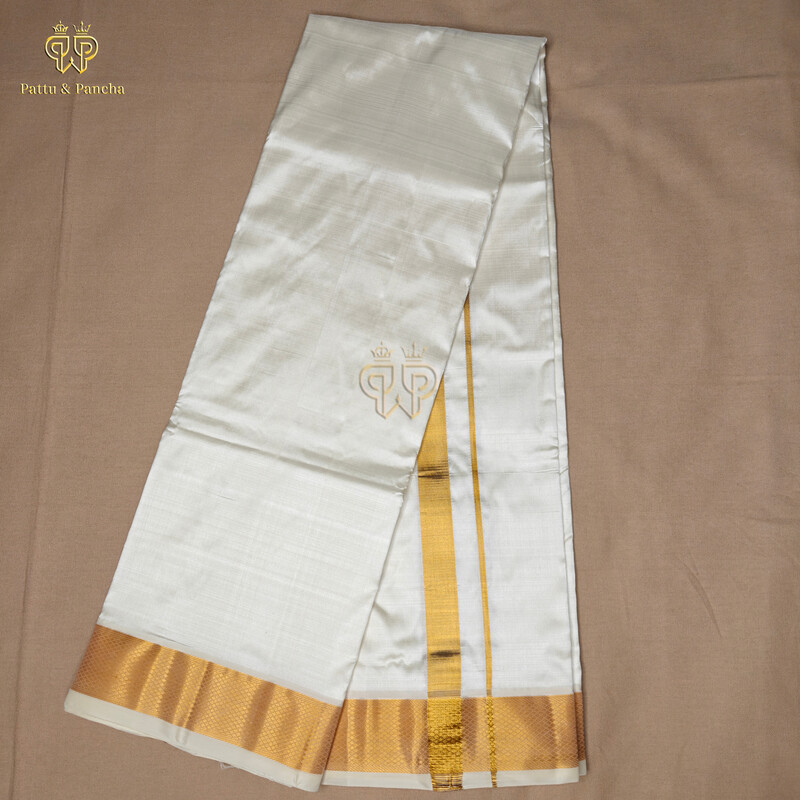 Pure Silk Panchakacham Off White Dhoti with Gold Zari Border