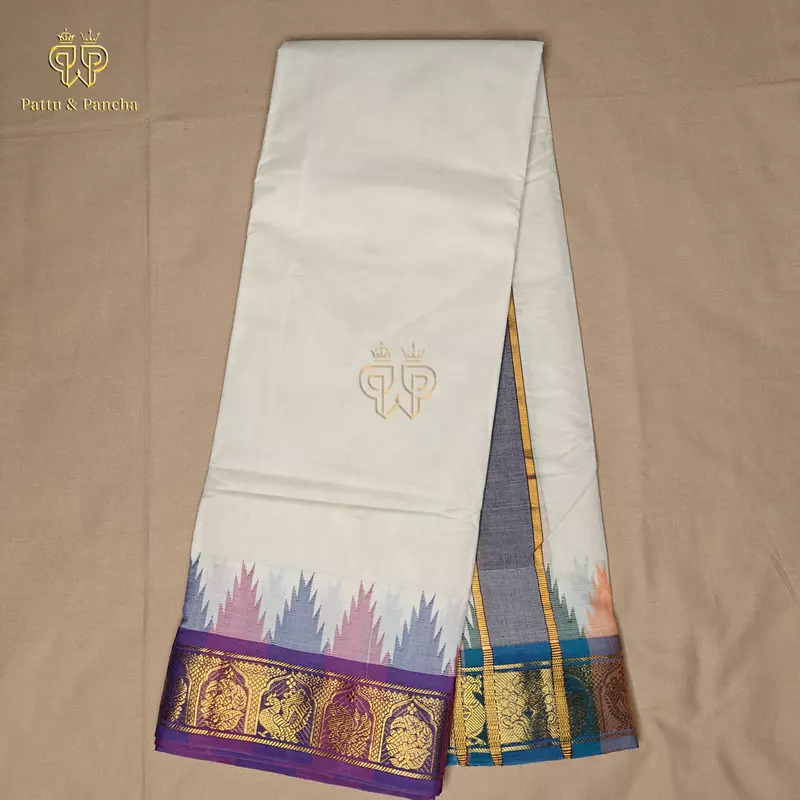Pure Cotton Panchakacham Off White Dhoti with Retta Pet Multicolour Border
