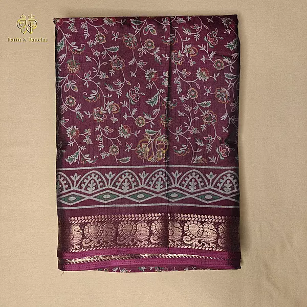 Dola Silk Dark Purple Saree with Kalamkari Floral Prints and Zari Border