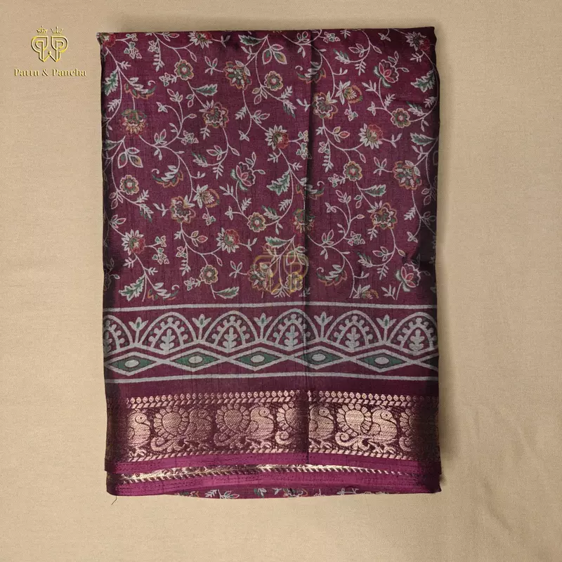 Dola Silk Dark Purple Saree with Kalamkari Floral Prints and Zari Border