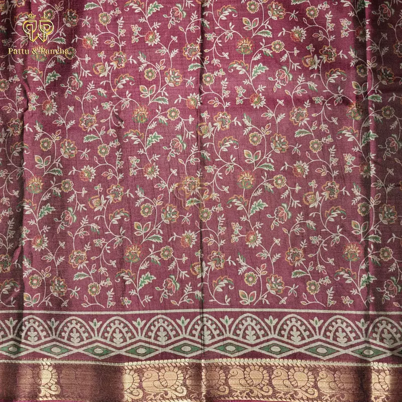 Dola Silk Dark Purple Saree with Kalamkari Floral Prints and Zari Border