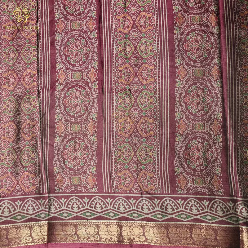 Dola Silk Dark Purple Saree with Kalamkari Floral Prints and Zari Border