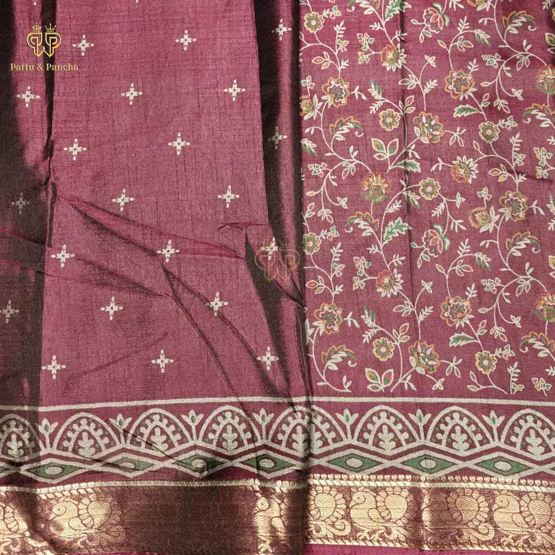 Dola Silk Dark Purple Saree with Kalamkari Floral Prints and Zari Border