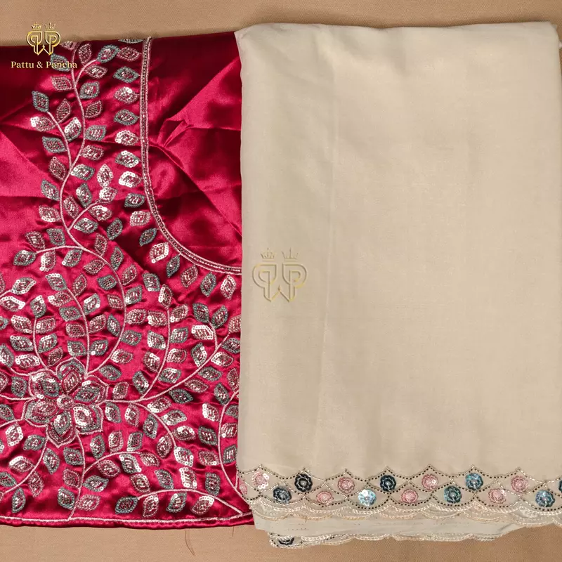 Off White Georgette Saree with Rani Pink Satin Embellished Blouse