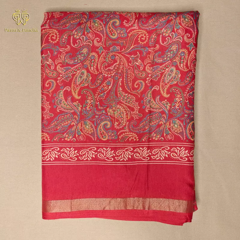 Mangalagiri Mul Cotton Saree Orangish Red with Paisley Prints Zari Border