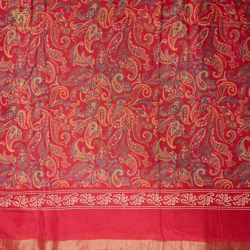 Mangalagiri Mul Cotton Saree Orangish Red with Paisley Prints Zari Border