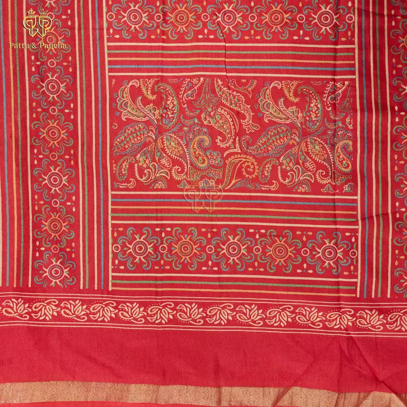 Mangalagiri Mul Cotton Saree Orangish Red with Paisley Prints Zari Border