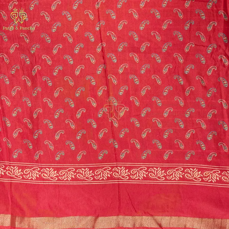 Mangalagiri Mul Cotton Saree Orangish Red with Paisley Prints Zari Border