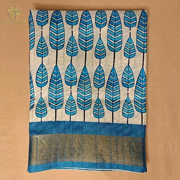 Bhagalpuri Printed Saree in Beige and Blue with Leaf Motifs