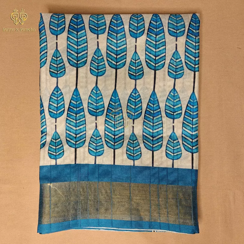 Bhagalpuri Printed Saree in Beige and Blue with Leaf Motifs
