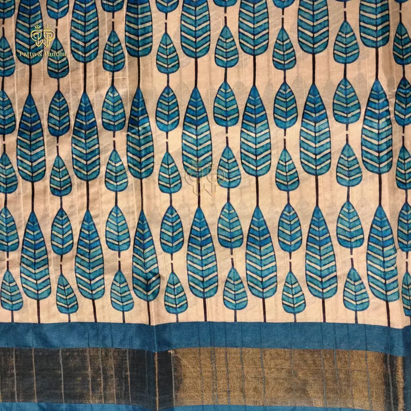 Bhagalpuri Printed Saree in Beige and Blue with Leaf Motifs