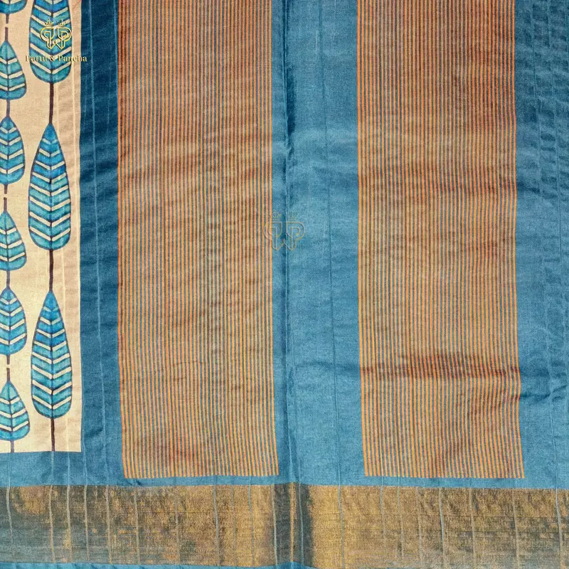 Bhagalpuri Printed Saree in Beige and Blue with Leaf Motifs