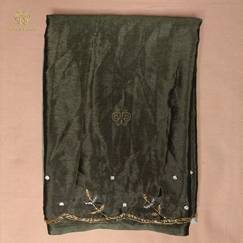 Soft Chinon Shaded Saree in Olive Green with Delicate Border Work