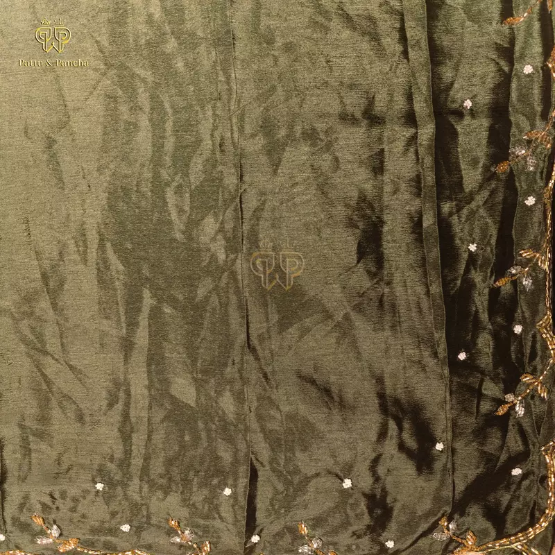 Soft Chinon Shaded Saree in Olive Green with Delicate Border Work