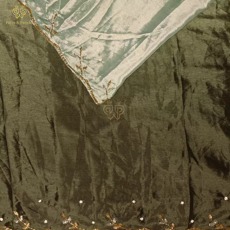 Soft Chinon Shaded Saree in Olive Green with Delicate Border Work