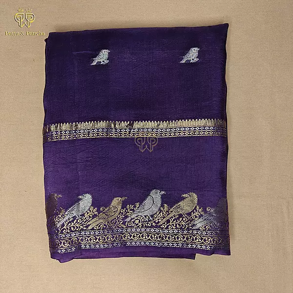 Viscose Violet Saree with Gold and Silver Parrot Design Border
