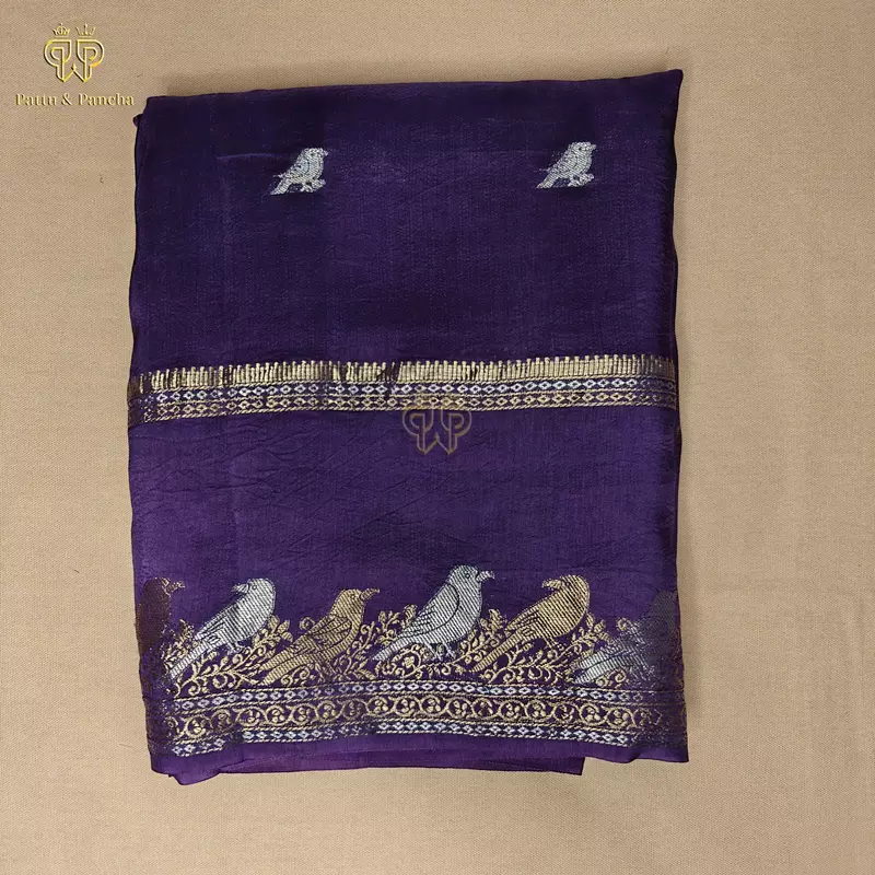 Viscose Violet Saree with Gold and Silver Parrot Design Border