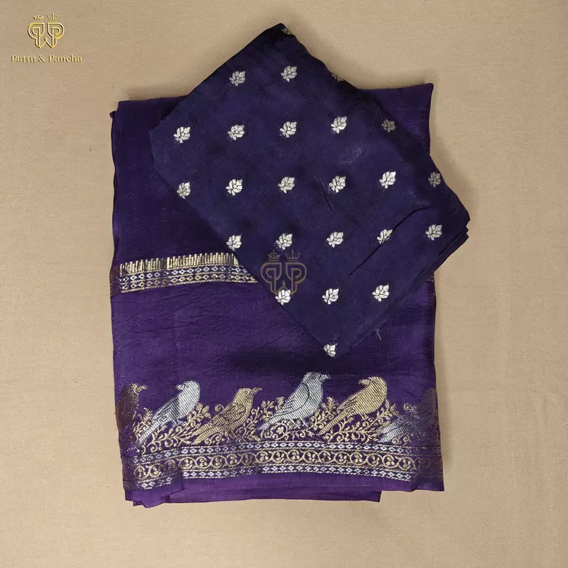 Viscose Violet Saree with Gold and Silver Parrot Design Border