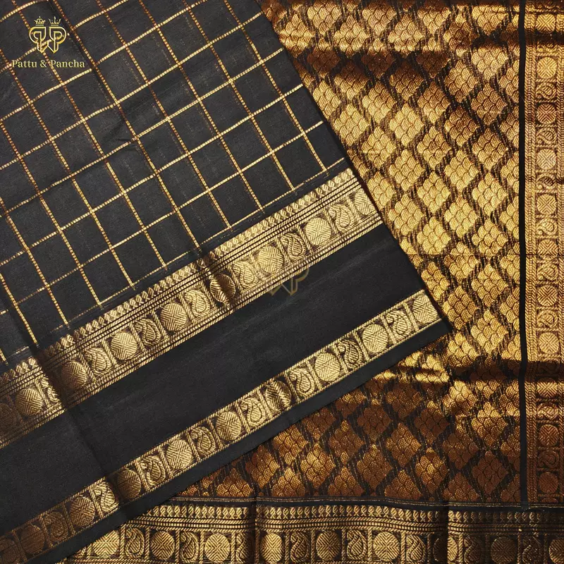 Kanchi Cotton Saree in Black with Gold Zari Checks with Rettapet Border