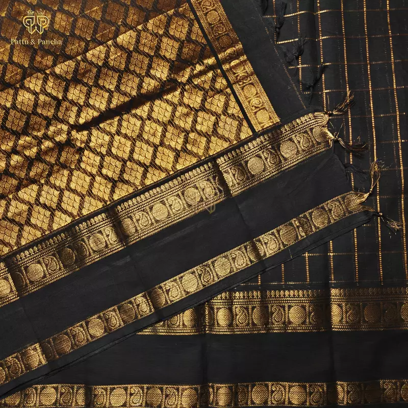 Kanchi Cotton Saree in Black with Gold Zari Checks with Rettapet Border