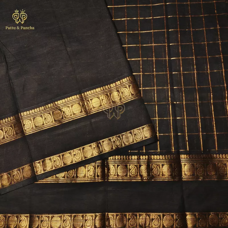 Kanchi Cotton Saree in Black with Gold Zari Checks with Rettapet Border