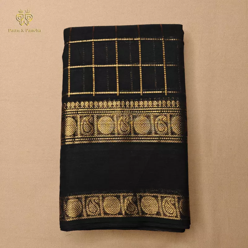 Kanchi Cotton Saree in Black with Gold Zari Checks with Rettapet Border