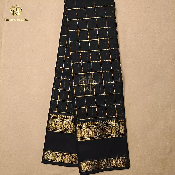 Kanchi Cotton Saree in Black with Gold Zari Checks with Rettapet Border