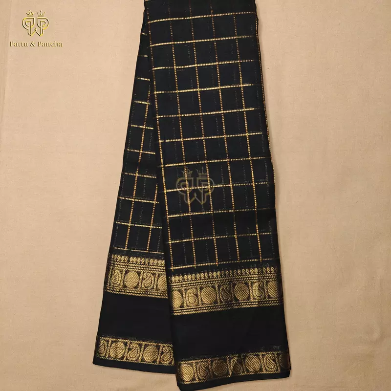 Kanchi Cotton Saree in Black with Gold Zari Checks with Rettapet Border