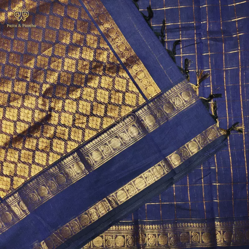 Kanchi Cotton Saree in Navy Blue with Gold Zari Checks with Rettapet Border