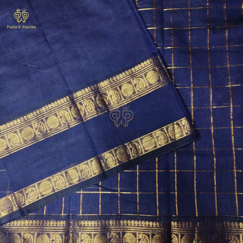 Kanchi Cotton Saree in Navy Blue with Gold Zari Checks with Rettapet Border