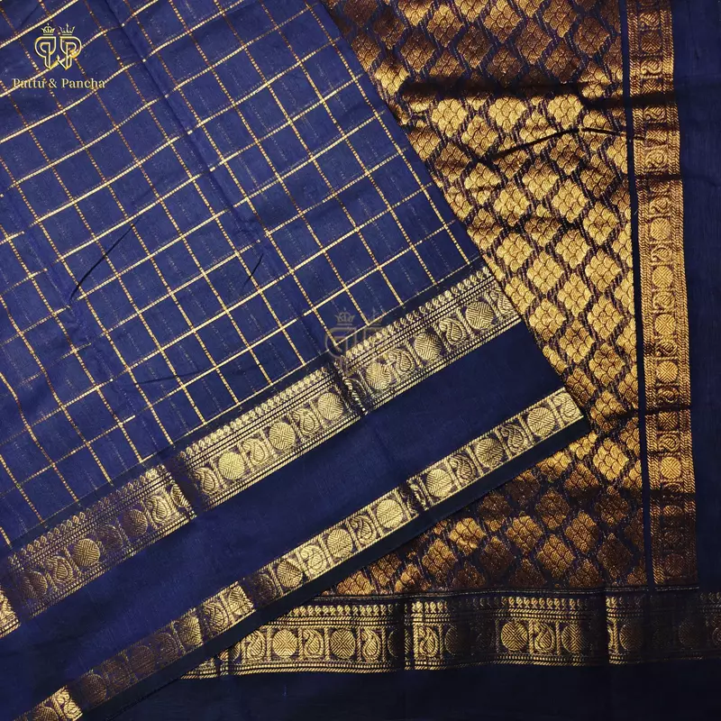 Kanchi Cotton Saree in Navy Blue with Gold Zari Checks with Rettapet Border
