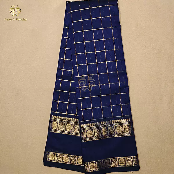 Kanchi Cotton Saree in Navy Blue with Gold Zari Checks with Rettapet Border