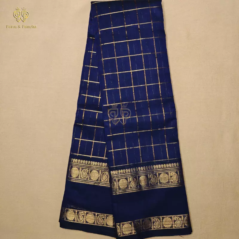 Kanchi Cotton Saree in Navy Blue with Gold Zari Checks with Rettapet Border