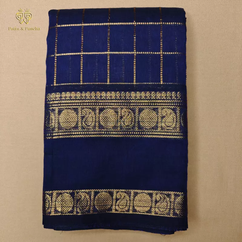 Kanchi Cotton Saree in Navy Blue with Gold Zari Checks with Rettapet Border