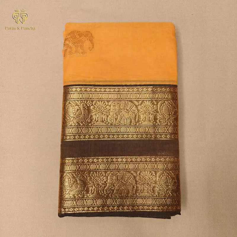 Kanchi Cotton Saree in Orange with Brown Traditional Gold Zari Border