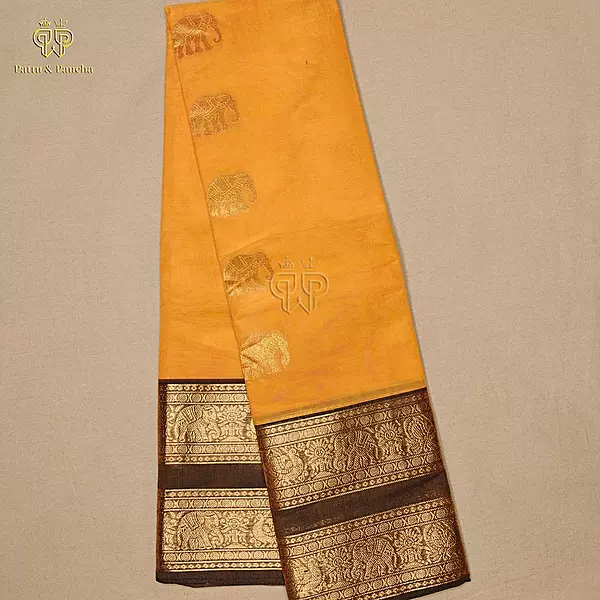 Kanchi Cotton Saree in Orange with Brown Traditional Gold Zari Border