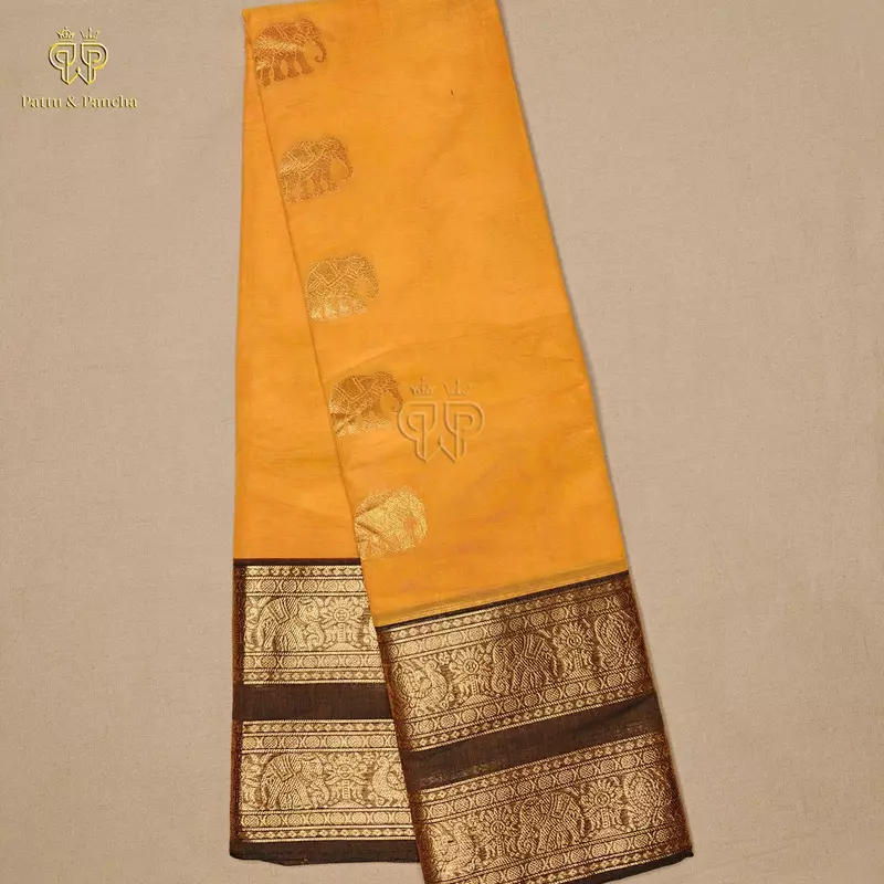Kanchi Cotton Saree in Orange with Brown Traditional Gold Zari Border