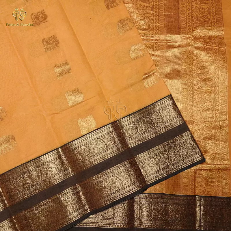 Kanchi Cotton Saree in Orange with Brown Traditional Gold Zari Border
