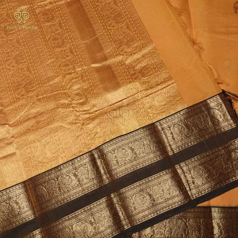 Kanchi Cotton Saree in Orange with Brown Traditional Gold Zari Border
