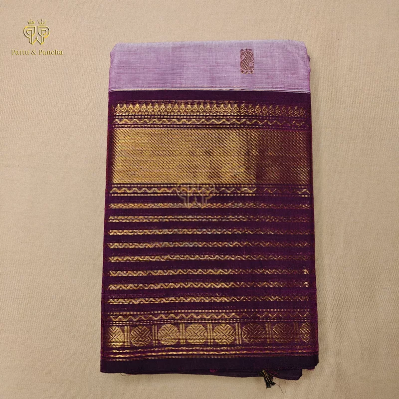 Kanchi Cotton Saree in Lavender with Deep Plum Gold Zari Border