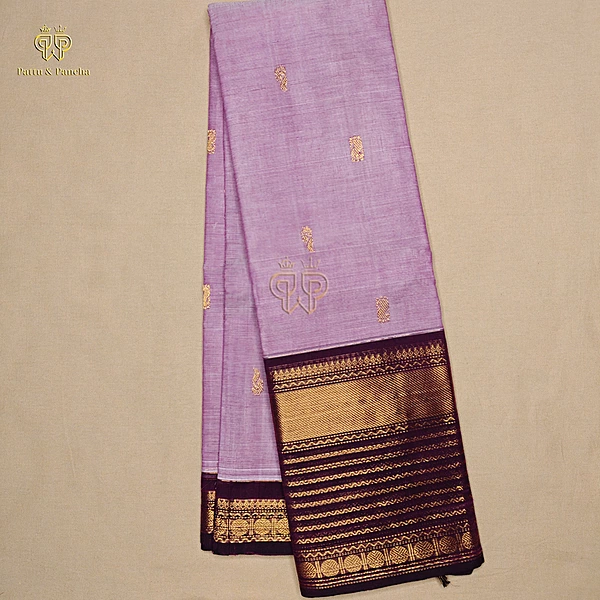 Kanchi Cotton Saree in Lavender with Deep Plum Gold Zari Border