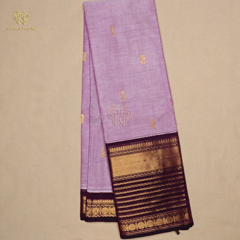 Kanchi Cotton Saree in Lavender with Deep Plum Gold Zari Border