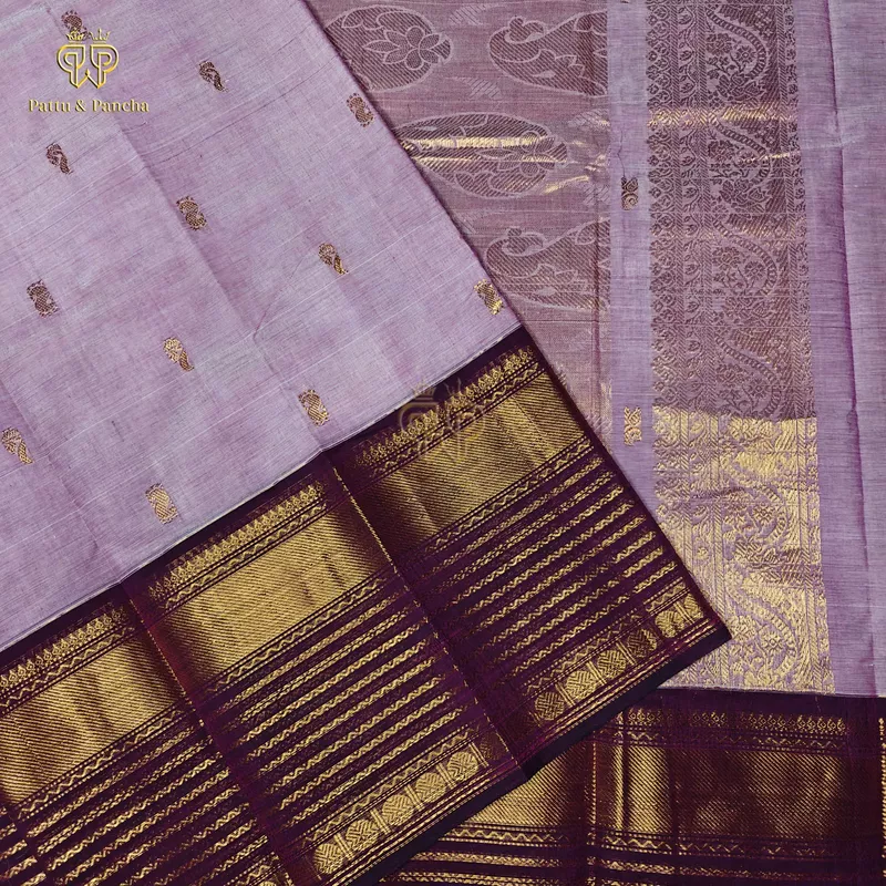 Kanchi Cotton Saree in Lavender with Deep Plum Gold Zari Border