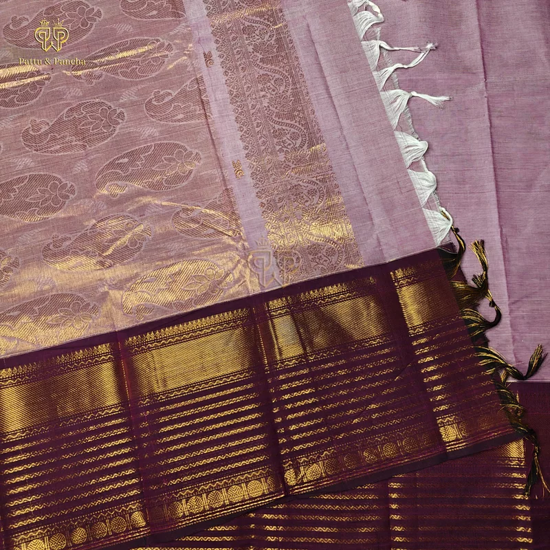 Kanchi Cotton Saree in Lavender with Deep Plum Gold Zari Border