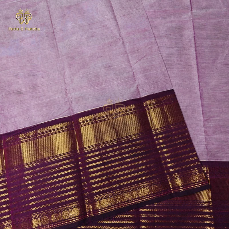 Kanchi Cotton Saree in Lavender with Deep Plum Gold Zari Border