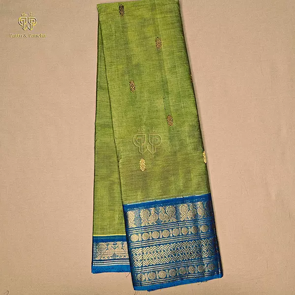Kanchi Cotton Saree in Leaf Green with Royal Blue and Gold Zari Border
