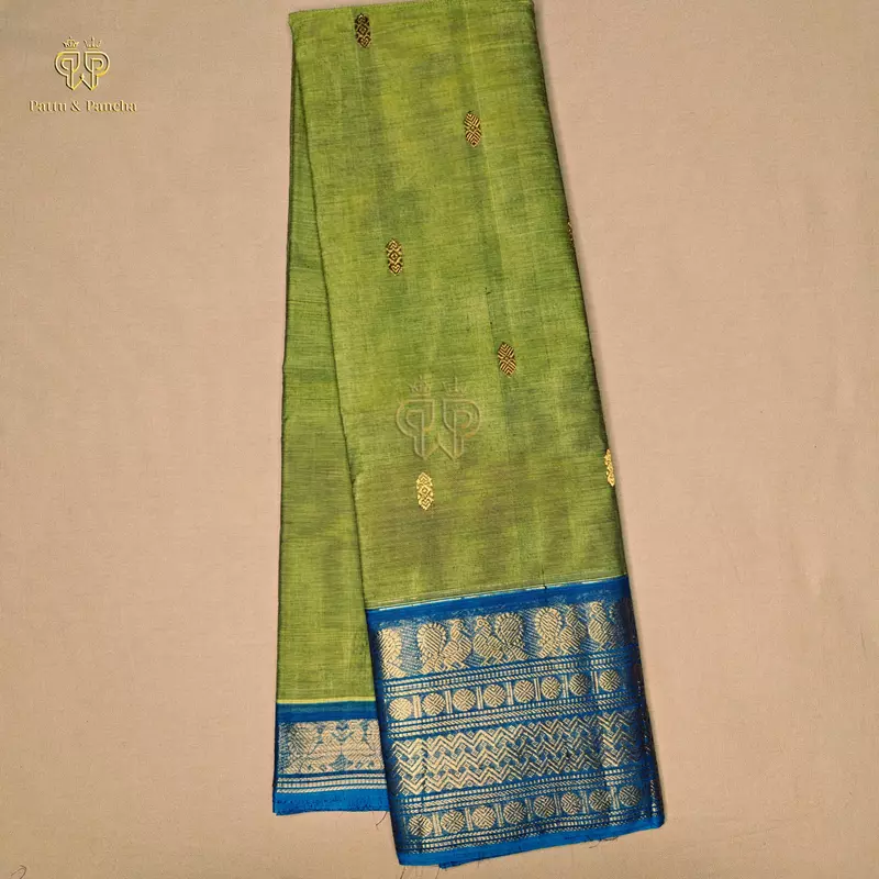 Kanchi Cotton Saree in Leaf Green with Royal Blue and Gold Zari Border