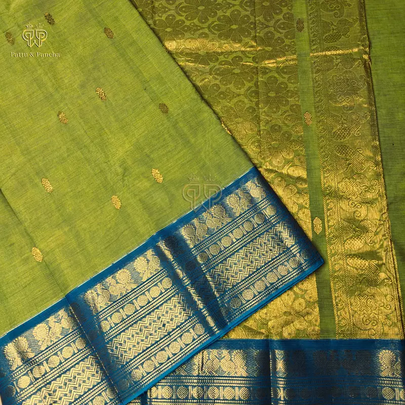 Kanchi Cotton Saree in Leaf Green with Royal Blue and Gold Zari Border