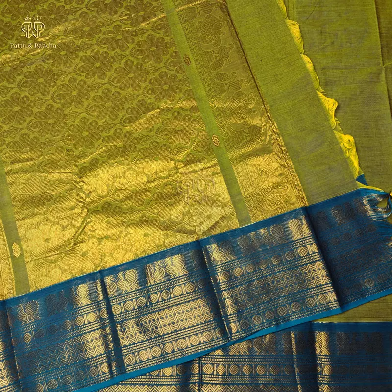 Kanchi Cotton Saree in Leaf Green with Royal Blue and Gold Zari Border