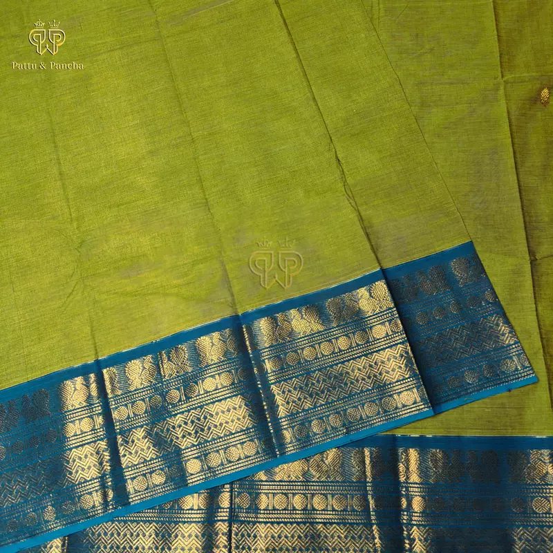 Kanchi Cotton Saree in Leaf Green with Royal Blue and Gold Zari Border